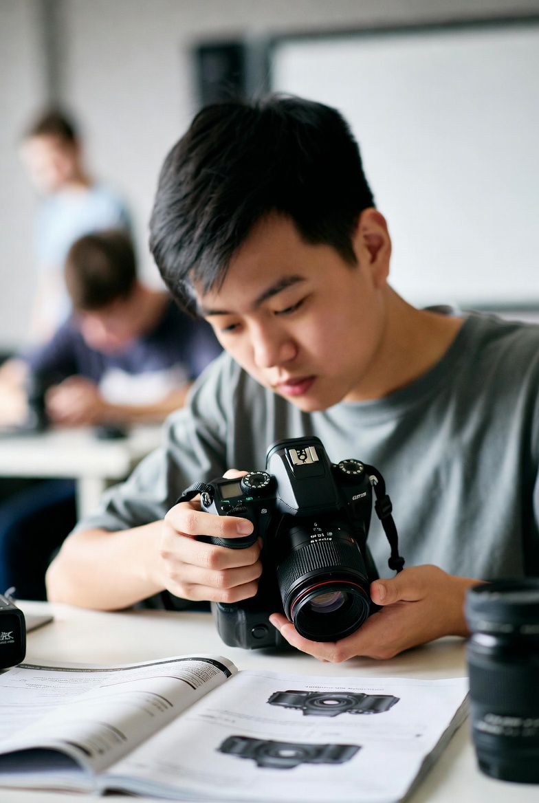 Student learning camera settings in beginner photography class